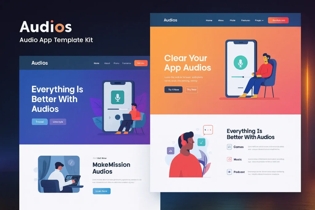Audios App Showcase v1.0.0 - Interfaz de usuario de la aplicación de audio