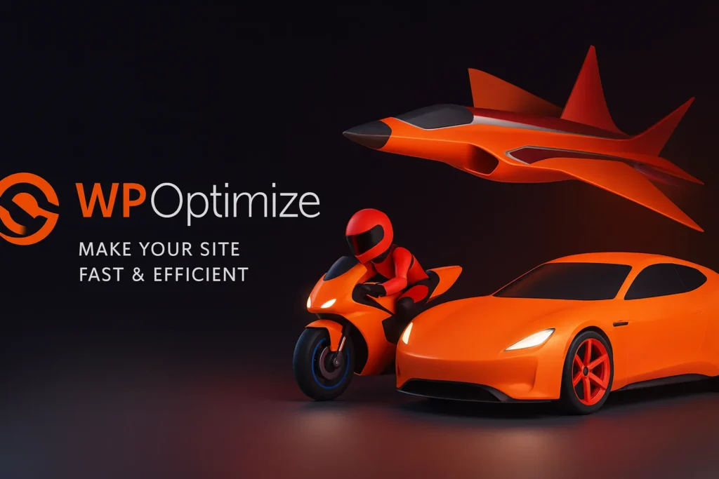 Logotipo WP Optimize Premium junto a ilustración de avión, moto y auto naranjas que simbolizan velocidad y optimización web